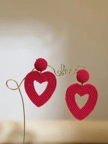 Handmade Dark Magenta Seed Bead Heart Shape Hollow Out Design Bridesmaid Earrings, Valentine's Day Gift, Holiday Party, Mother's Day Gift - Dark Rose Red Hollow Heart - View 6