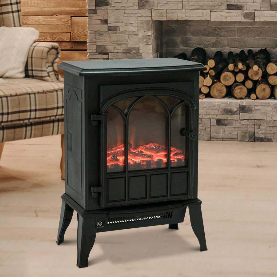 HOMCOM Chimenea Eléctrica de Pie Movible y Decorativo Calefactor Estufa 1000/2000W Llama LED con Termostato 39x23x56.5cm - Negro - Ver 1