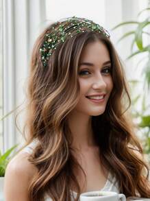 1pc Green Hair Hoop With Multicolor Diamond Design, Handmade Hair Accessory For Daily Wear - Green - View 3