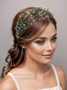 1pc Green Hair Hoop With Multicolor Diamond Design, Handmade Hair Accessory For Daily Wear - Green - View 5