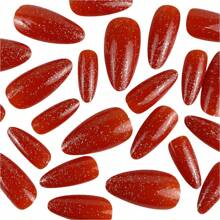 24pcs Full Cover Red Glitter False Nails In Water Drop Shape With Jelly Glue And Nail File, Suitable For Women And Girls - Red - View 3