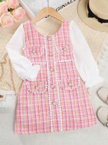 Young Girl Elegant Buttoned Plaid Dress With Ruffle Sleeves, Spring & Autumn - Pink - View 1