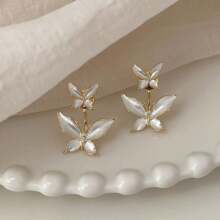 1pair Double Exquisite Butterfly Design With White Synthetic Gems Decor Stud Earrings Elegant  Jewelry Female Gift - One Size - View 7