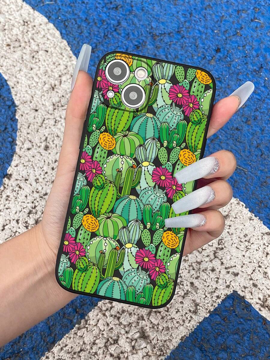 1pc Hand-Painted Cactus Soft Phone Case Compatible With Iphone/Samsung - Multicolor - View 1