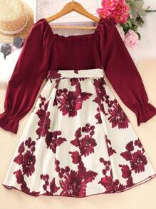 Tween Girls Sweet Retro Floral Print Lotus Leaf Long-Sleeved Square Neck Spring And Autumn Dress - Red - View 2