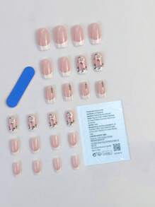 24 Short Square Pink Fake Nails French Ink Painting Design Manicure Set Full Cover Nails Suitable For Parties, Dances Or Daily Wear Press On Nails Nail Supplies - Pink - View 2