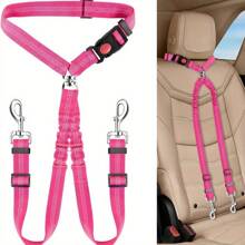 1pc Dual Dog Seat Belt - Headrest Restraint With Elastic Bungee Connect Harness For Comfortable Travel, Perfect For Small And Large Dogs - Pink - View 1