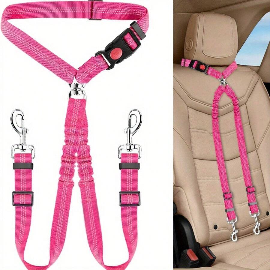 1pc Dual Dog Seat Belt - Headrest Restraint With Elastic Bungee Connect Harness For Comfortable Travel, Perfect For Small And Large Dogs - Pink - View 1