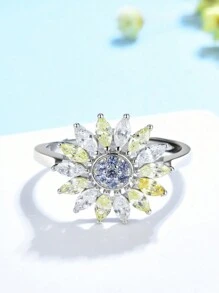 1pc 925 Sterling Silver Adjustable Simple Style Daisy Flower Design Colorful Cubic Zirconia Inlaid Ring - Silver - View 1