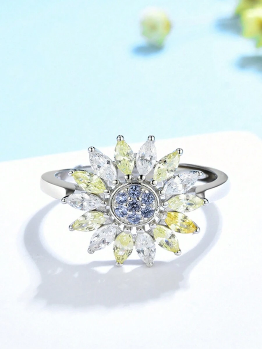 1pc 925 Sterling Silver Adjustable Simple Style Daisy Flower Design Colorful Cubic Zirconia Inlaid Ring - Silver - View 1