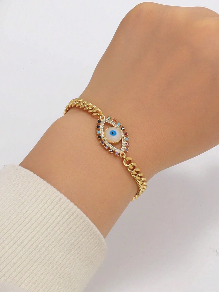1pc Copper Plated Micro-Set Cubic Zirconia Geometric Round Plate Evil Eye Bracelet, Fashionable And Simple Style Suitable For Women's Daily Wear - Yellow Gold - View 1