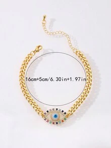 1pc Copper Plated Micro-Set Cubic Zirconia Geometric Round Plate Evil Eye Bracelet, Fashionable And Simple Style Suitable For Women's Daily Wear - Yellow Gold - View 4