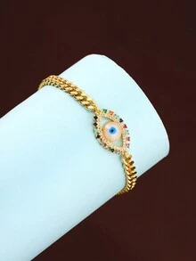 1pc Copper Plated Micro-Set Cubic Zirconia Geometric Round Plate Evil Eye Bracelet, Fashionable And Simple Style Suitable For Women's Daily Wear - Yellow Gold - View 2