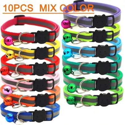 10pcs Random Reflective Breakaway Cat Collar With Bell And Round Ears