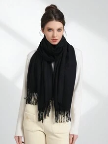 1入組女士經典純色圍巾,230g,適用於所有季節,適合宴會,暖和的披肩或日常使用的頭巾 - 黑色 - 查看 2