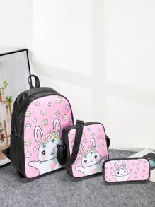 3入組卡通印花聚酯纖維背包,可調式肩帶和拉鍊封口,非常適合旅行、露營和戶外活動 - 粉色 - 查看 1