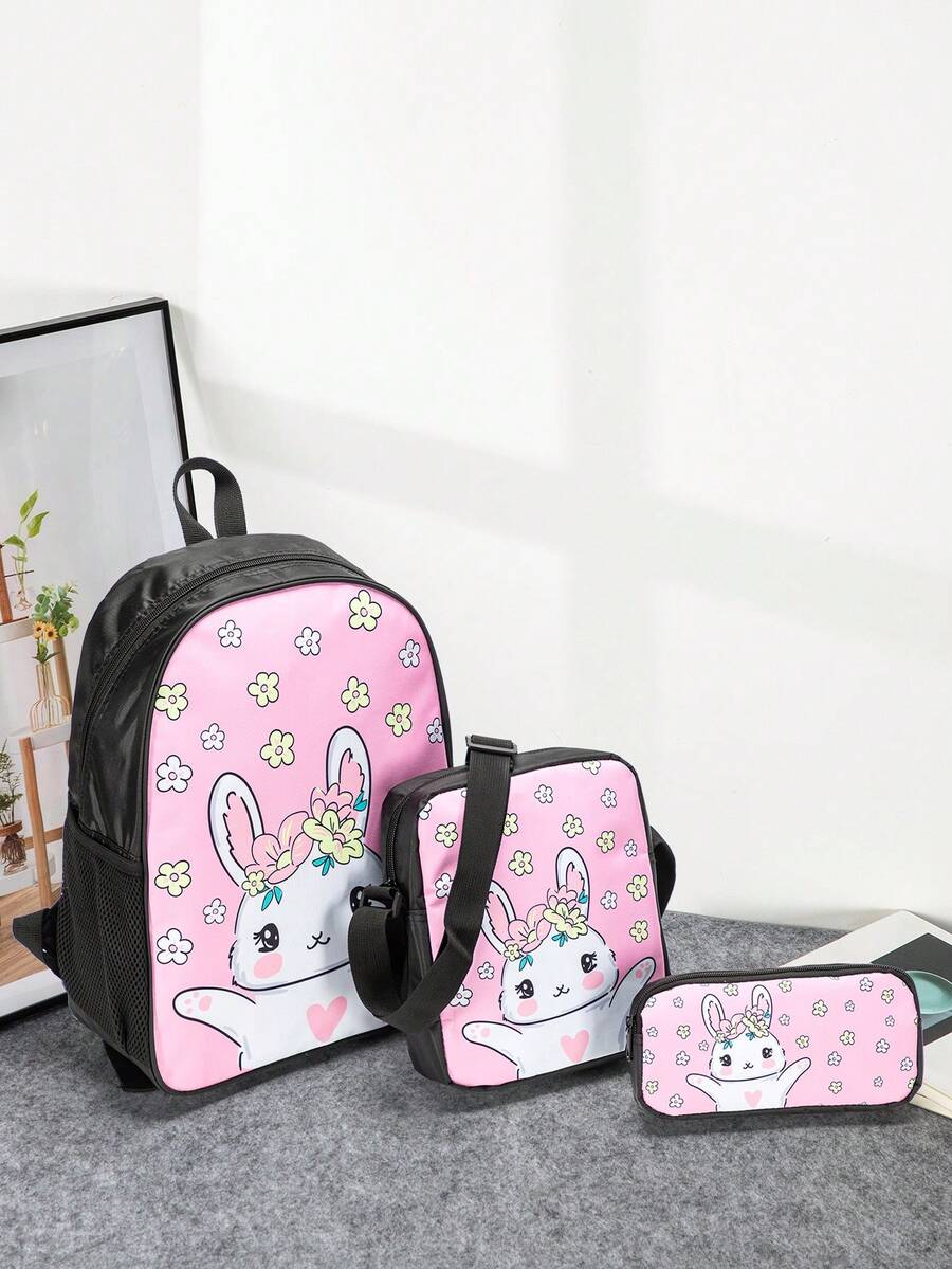 3入組卡通印花聚酯纖維背包,可調式肩帶和拉鍊封口,非常適合旅行、露營和戶外活動 - 粉色 - 查看 1