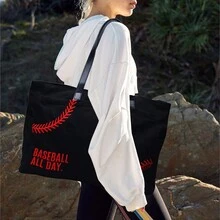 Oversized Woman Baseball Tote Handbag Casual Canvas Sports Mom Beach Travel Bag - Black - View 1