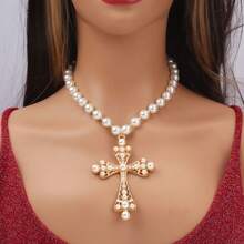 Pearl Necklace With Personalized And Cool Cross Pendant - Gold - View 4