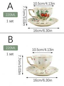 2pcs/set 220ml European Style Vintage Floral Ceramic Cup & Saucer Set, Golden Rim Large Tea Cup, For Home, Restaurant, Coffee & Tea Time