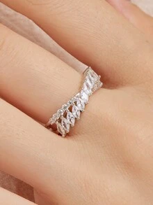 1只時尚設計女性精品珠寶s925鍍白金幾何十字形戒指,搭配5a立方氧化鋯和彩色貓眼石扭曲設計 - 白色 - 查看 5