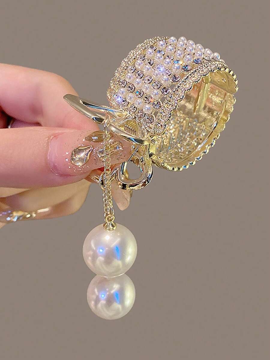 1件鑲鑽裝飾蝴蝶結流蘇鉗夾,適用於半扎、馬尾、包子頭、高髻髮型 - 金色 - 查看 1