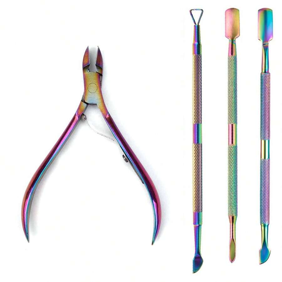 4pcs/Set Stainless Steel Titanium Coated Manicure Tools, Includes Dead Skin Clipper, Cuticle Pusher, Dead Skin Removal And Nail Scraper - Multicolor - View 1