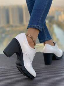 女士高跟懶人鞋,時尚舒適,復古英式風格,柔軟方跟,白色皮革 - 黑色 - 查看 6