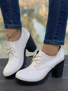 女士高跟懶人鞋,時尚舒適,復古英式風格,柔軟方跟,白色皮革 - 黑色 - 查看 5