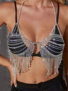 Multilayer Rhinestone Tassel Body Chain For Bra - Silver - View 1