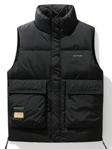 Men's Winter Front Pocket Down Vest Jacket With Flap - Black - View 1