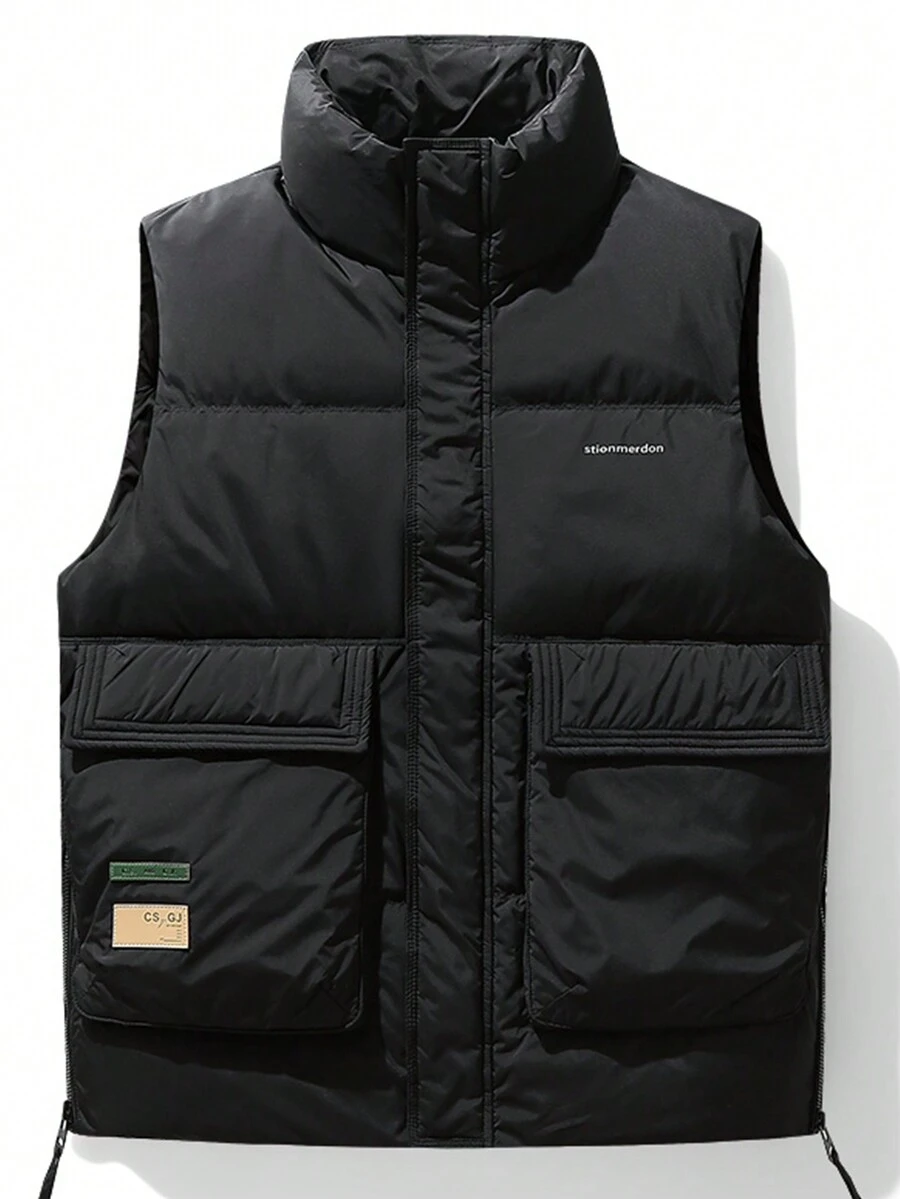 Men's Winter Front Pocket Down Vest Jacket With Flap - Black - View 1