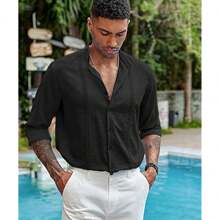 Camisa Guayabera  De Lino De Playa Para Hombre - Negro - Ver 4