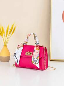 Mini Scarf Decor Chain Plain Tote Bag - Hot Pink - View 2