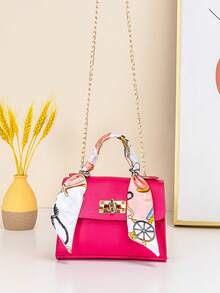 Mini Scarf Decor Chain Plain Tote Bag - Hot Pink - View 5