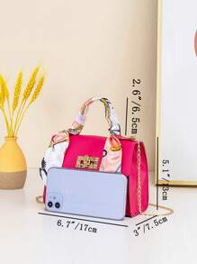 Mini Scarf Decor Chain Plain Tote Bag - Hot Pink - View 3