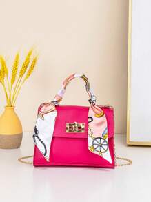 Mini Scarf Decor Chain Plain Tote Bag - Hot Pink - View 1