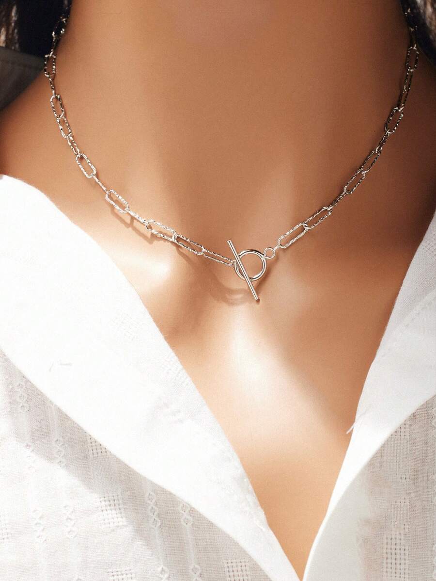 SYMFNY 1入組銀色OT扣紋理回形針鏈項鍊