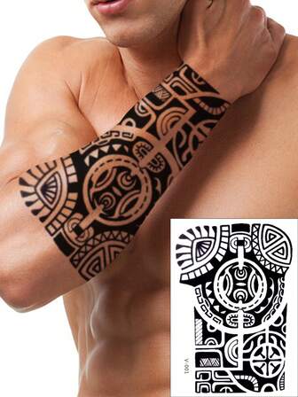 2张男士图腾几何简约临时纹身贴纸，防水
