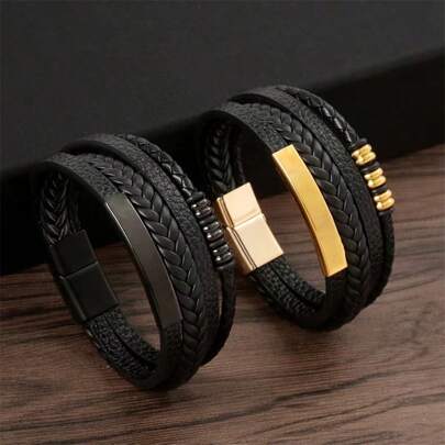 Pulsera De Hombre Multicapa Tejida A Mano Simple Transfronteriza, Pulsera De Hombre De Moda Con Cierre Magnético