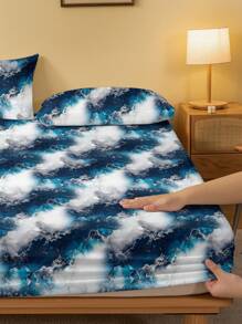 1pc Fashionable Simple Style Printed Fitted Sheet For Bedding, Home Decor