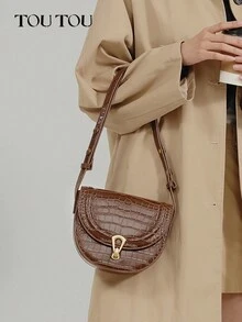 Toutou女包秋冬新款复古鳄鱼纹半月形马鞍包配肩带通勤风品质斜挎包40663 - 棕色 - 查看 6