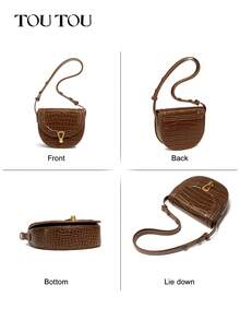 Toutou女包秋冬新款复古鳄鱼纹半月形马鞍包配肩带通勤风品质斜挎包40663 - 棕色 - 查看 8