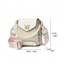 1入卡其色pu磁扣編織肩包+珍珠吊飾禮物,時尚上班族女性通勤包 - 卡其色 - 查看 6