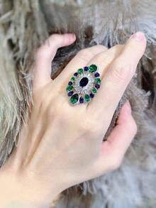 女性用滿鑲鑽開口戒指,配有人造綠寶石,復古宮廷風格 - 彩色 - 查看 2