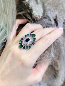 女性用滿鑲鑽開口戒指,配有人造綠寶石,復古宮廷風格 - 彩色 - 查看 5