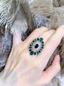 女性用滿鑲鑽開口戒指,配有人造綠寶石,復古宮廷風格 - 彩色 - 查看 1