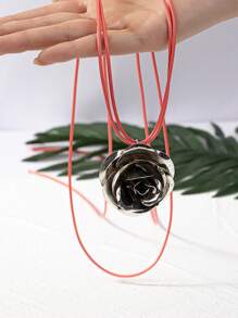 1pc 2024 New European, American, Japanese And Korean Style Fashionable & Niche Handmade Pink Rope Knot & Silver Flower Design Women's Necklace, Suitable For Daily Life And Party - Multicolor - View 8