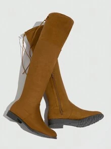 Herbst/winter 2023 Modische Hohe Röhrenstiefel Aus Leder Mit Dicken Absätzen Und Flauschigem Futter, Damit Frauen Dünne Beine Zeigen Können - Kamelfarben - Übersicht 2