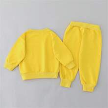 Baby Boy Solid Color Cartoon Bear Hooded Long Sleeve Top And Pants Set, Spring/Autumn (No Shoes Or Hat Included) - Yellow - View 2